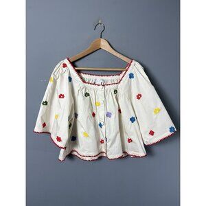 CAROLINE CONSTAS Womens L Ivory Floral Embroidered Flowy Cropped Blouse Top